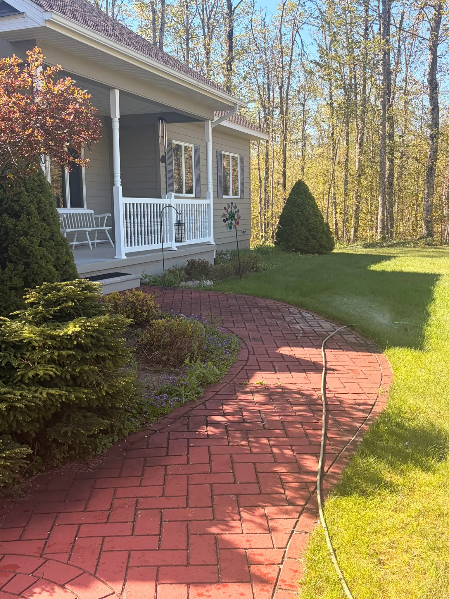 Faded, dirt-dulled red brick paver walkway before surface cleaning